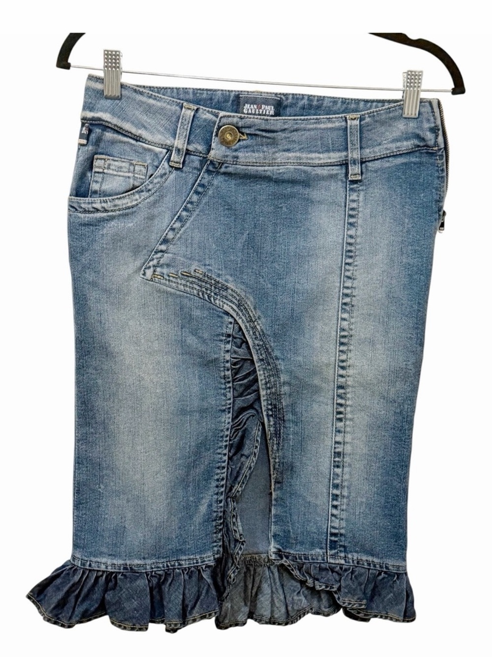 Jean Paul Gaultier Blue Denim Ruffle Hem Skirt